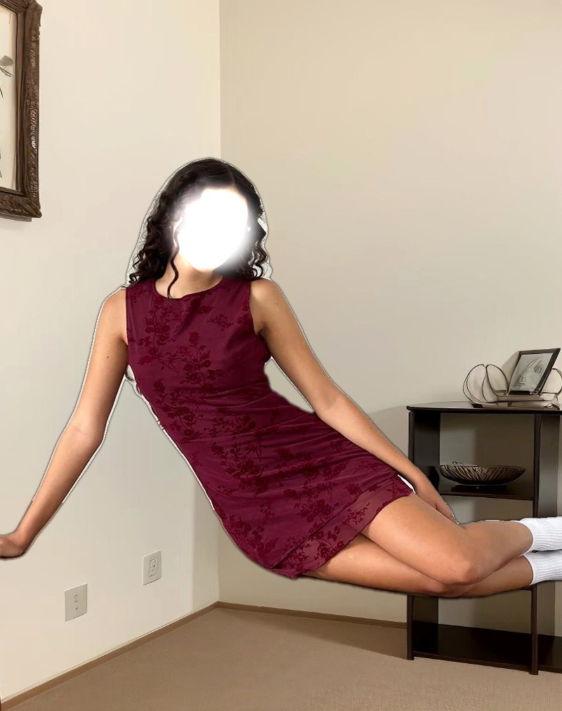 Renata Mini Dress in Flocked Botanical Flower Maroon