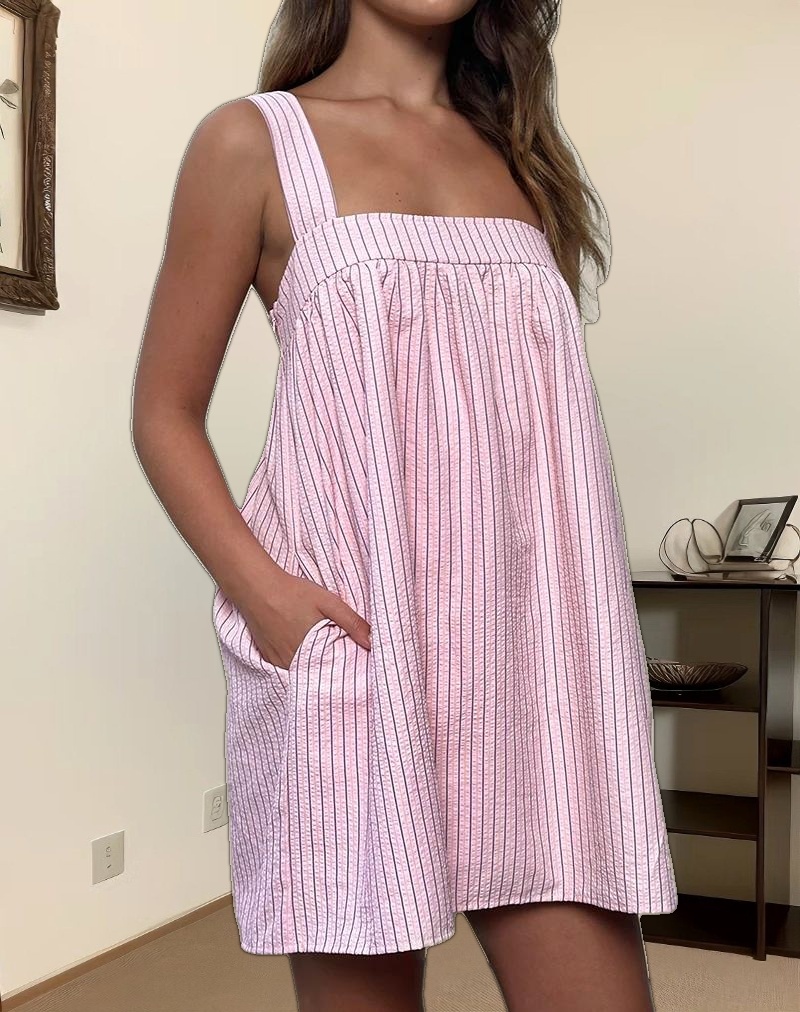 Sasori Smock Mini Dress in Pink Stripe