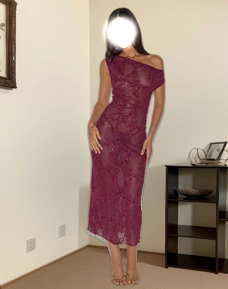 Kaido Midi Dress in Sequin Knit Burgundy