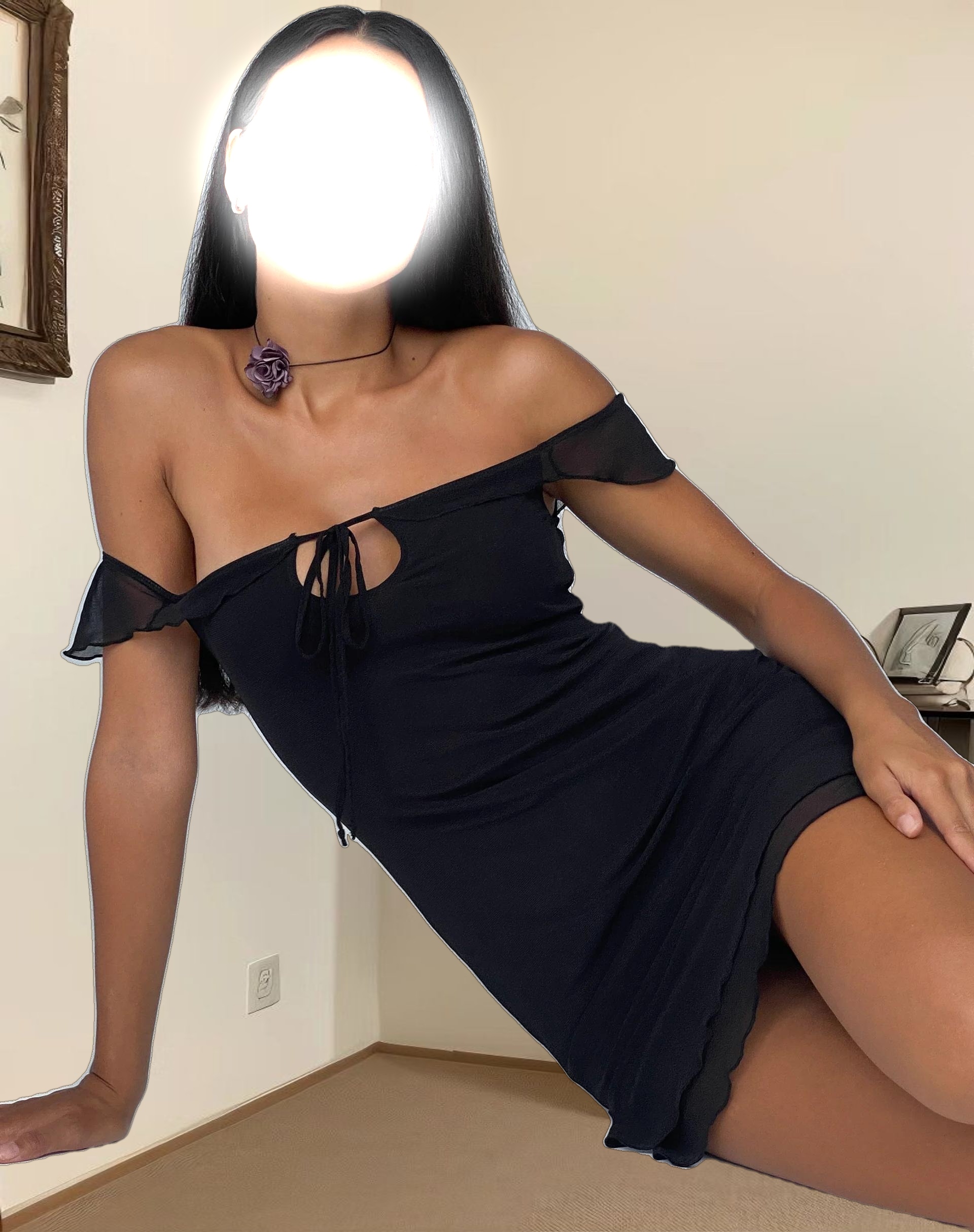 Valory Bardot Mini Dress in Black Mesh