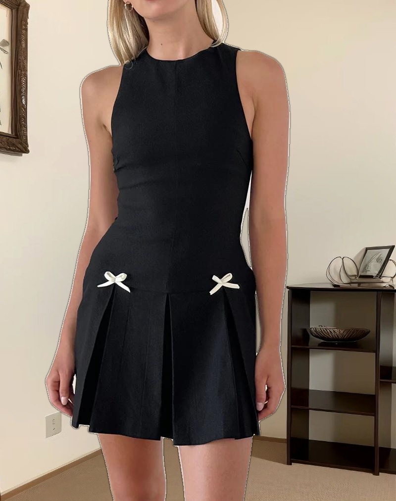 Radeta Mini Dress in Black with Ivory Bows