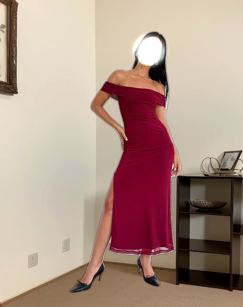 Tarna Bardot Maxi Dress in Mesh Burgundy