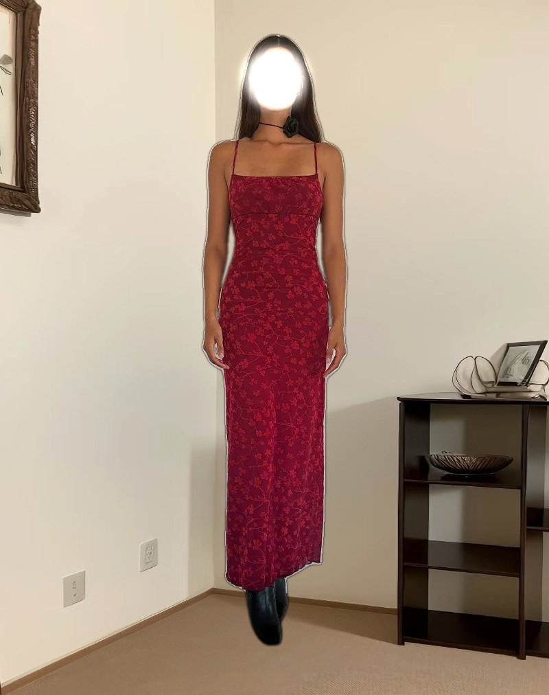 Darsih Cami Maxi Dress Red Grunge Floral Flock