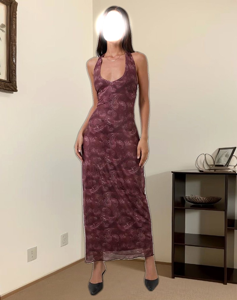 Datari Maxi Dress in Mesh Tonal Paisley Plum