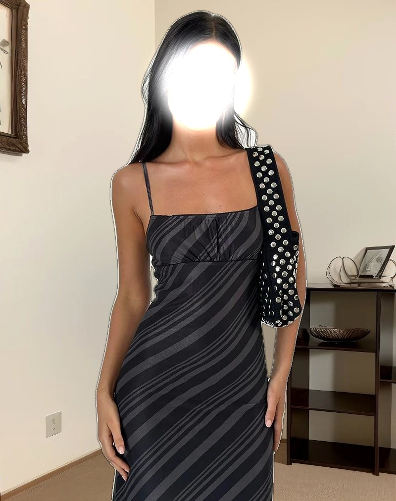 Darsih Maxi Dress in Irregular Stripe Grey Black