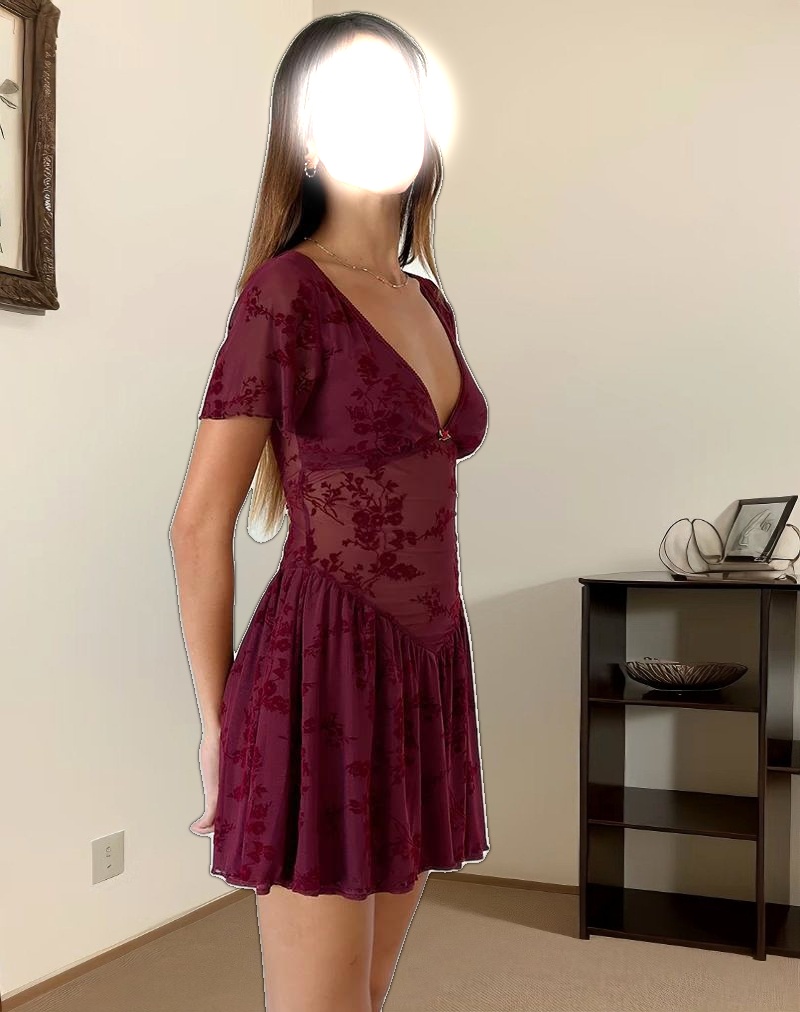 Geni Mini Dress in Botanical Flower Maroon