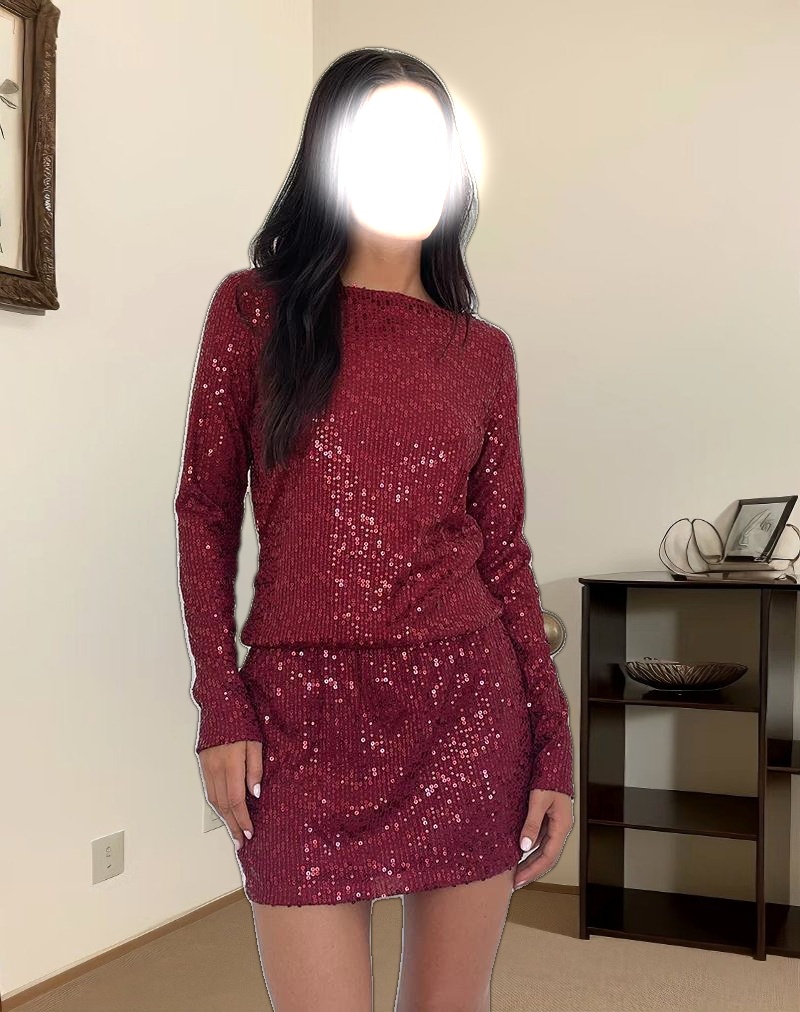 Jasilia Long Sleeve Mini Dress in Gauzy Sequin Red