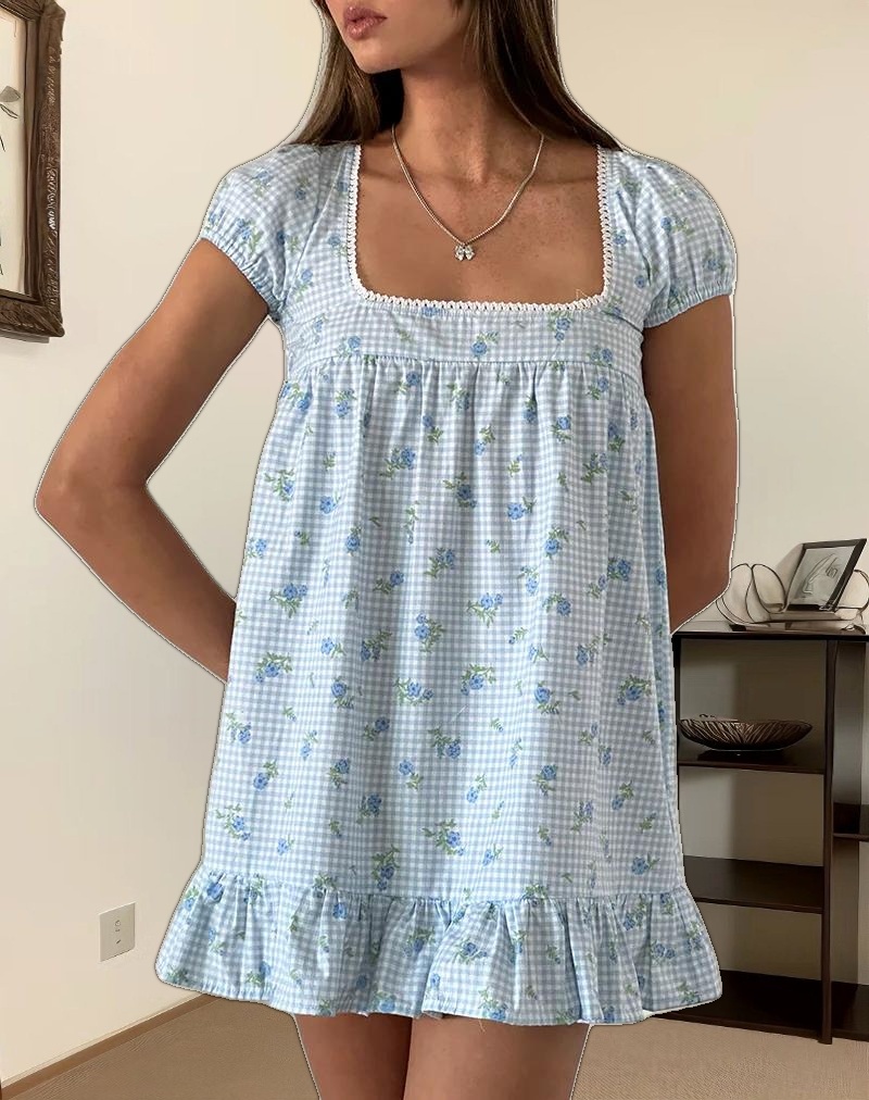 Trim Mini Dress in Blue Flower Gingham
