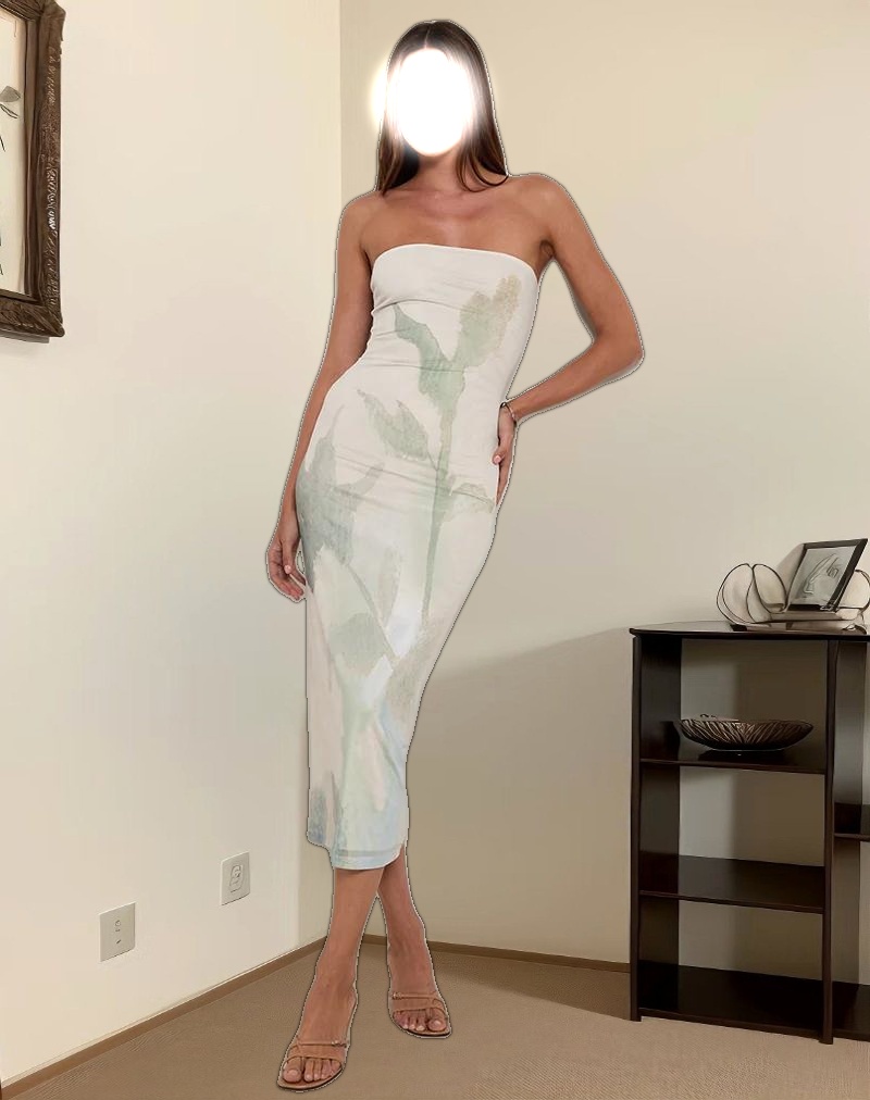 Rosbandi Bandeau Midi Dress in Abstract Painted Flower Blue