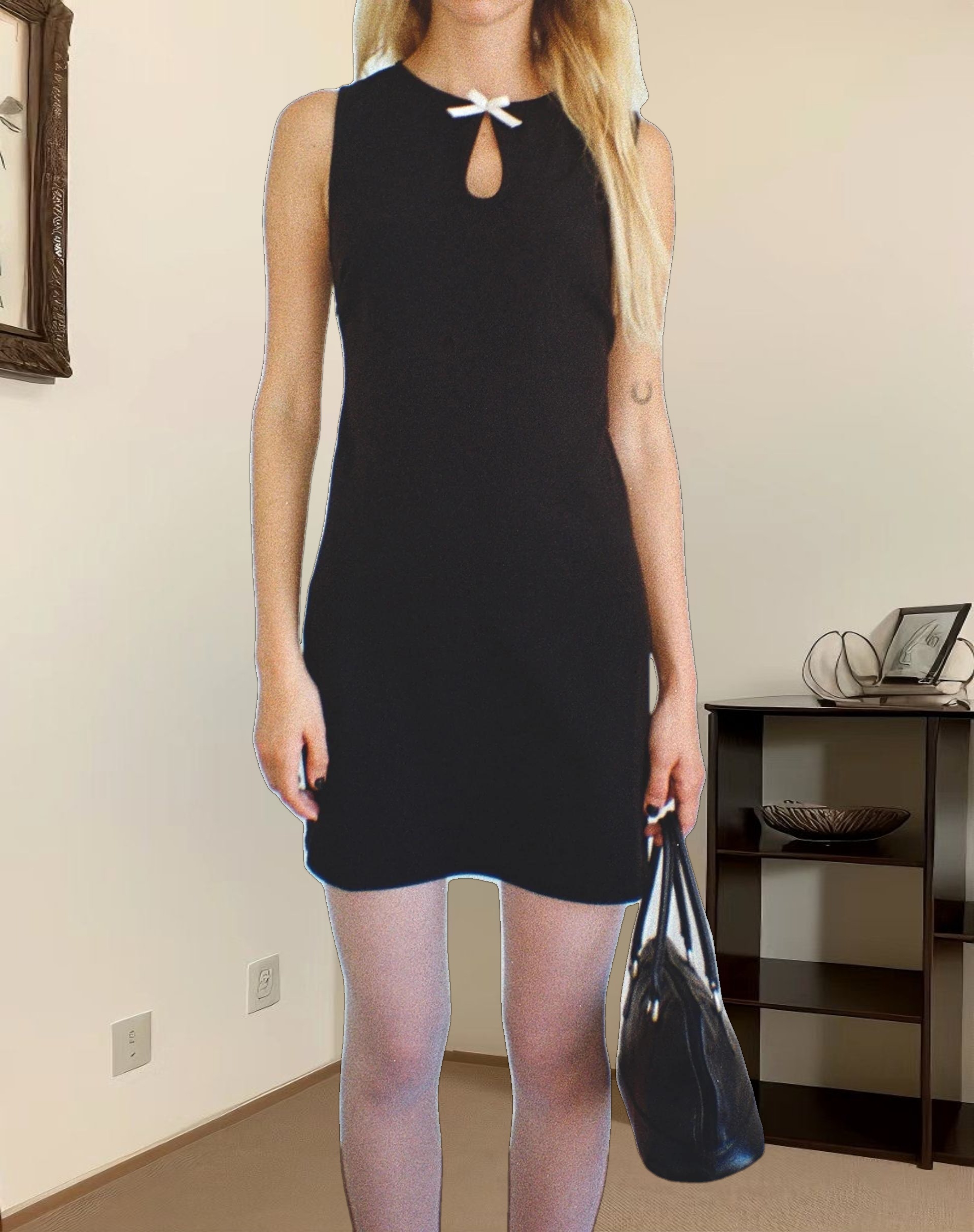 Bibidia Mini Dress in Black with Cream Bow