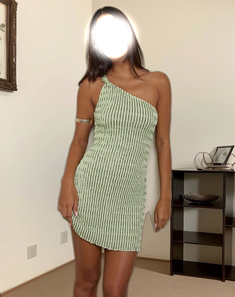 Idarius One Shoulder Mini Dress in Stripe Textured Mesh Mint