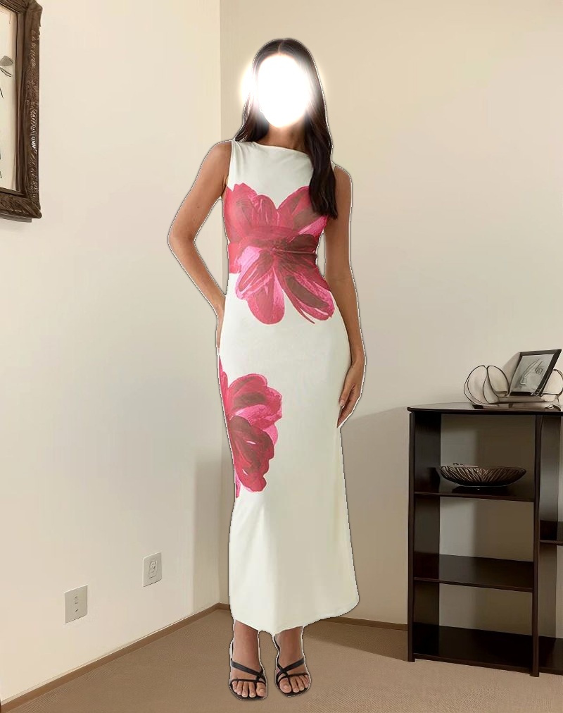 Fayola Printed Maxi Dress in Cream with Red Watercolour Flower