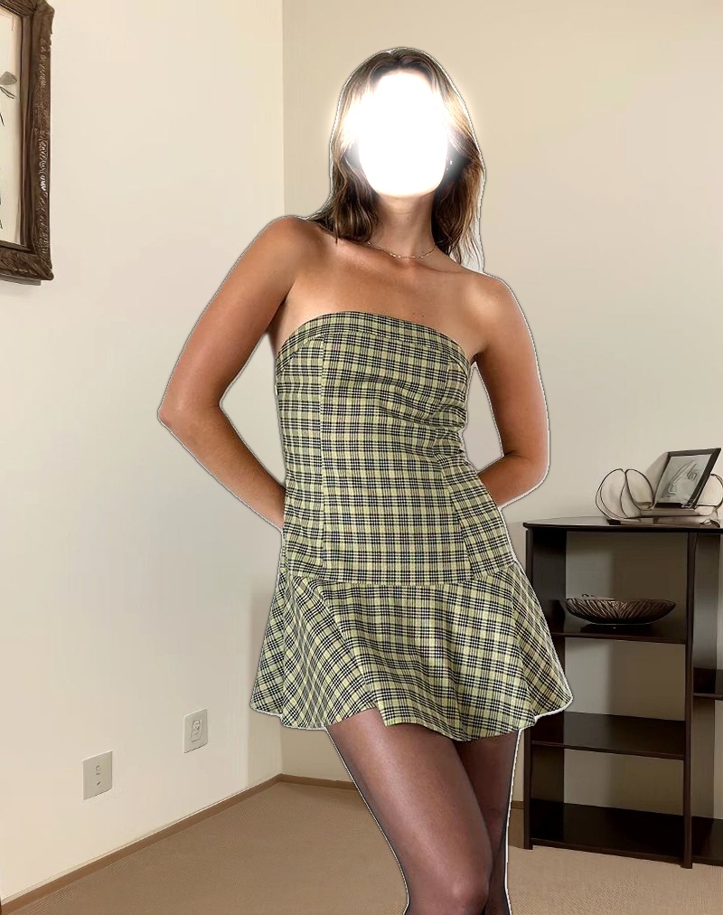 Hadia Bandeau Mini Dress in Check Yellow