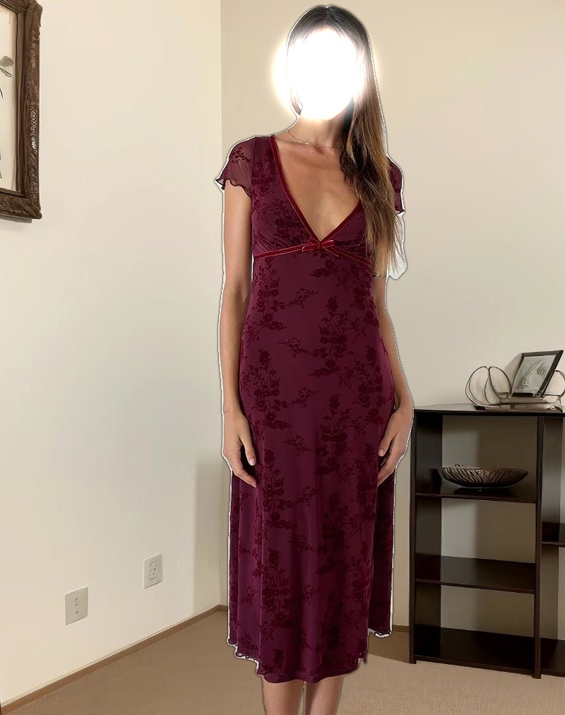 Vilinia Midi Dress in Botanical Flower Maroon