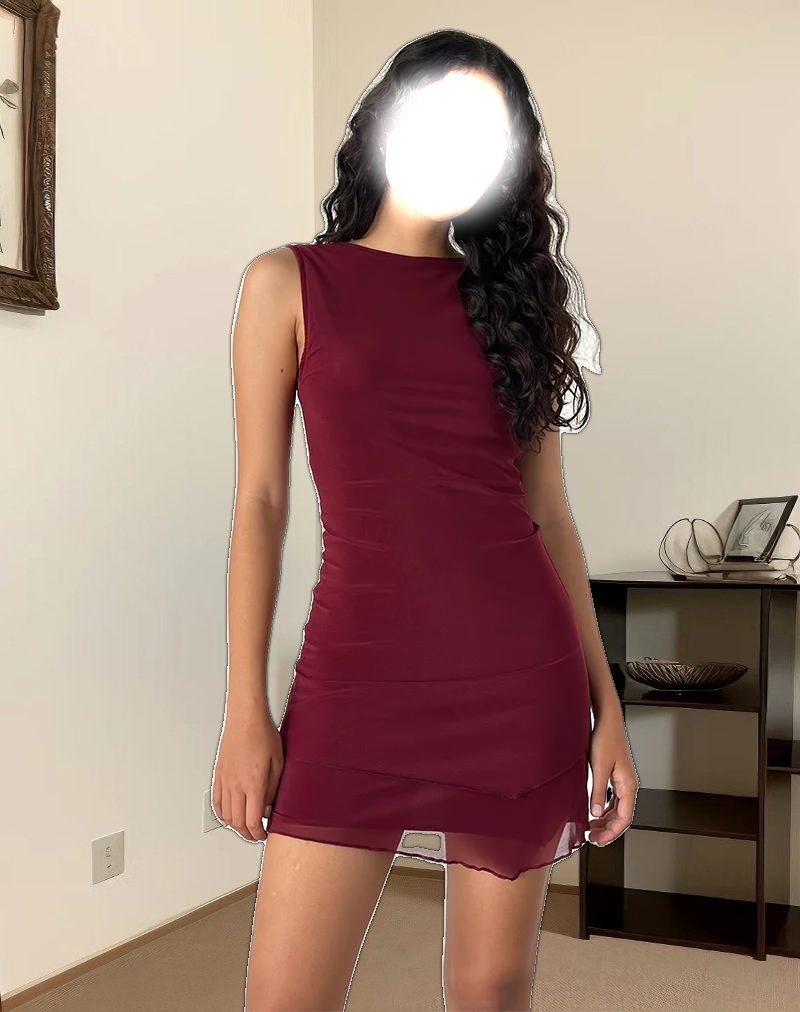 Renata Asymmetrical Mini Dress in Burgundy Mesh