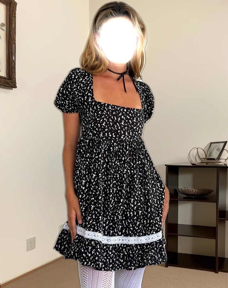 Beling Mini Tea Dress in Black Ditsy Romance