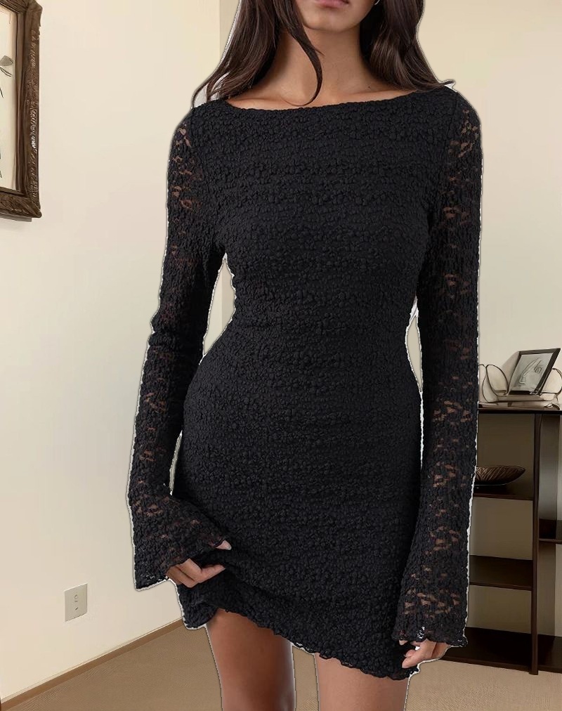 Sevila Long Sleeve Mini Dress in Bubble Black Lace