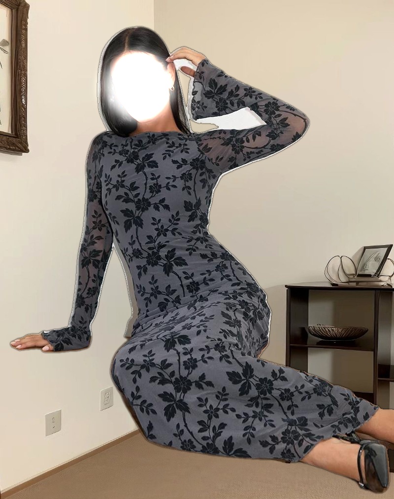 Slokya Long Sleeve Maxi Dress in Vine Floral Flock Ocean Storm