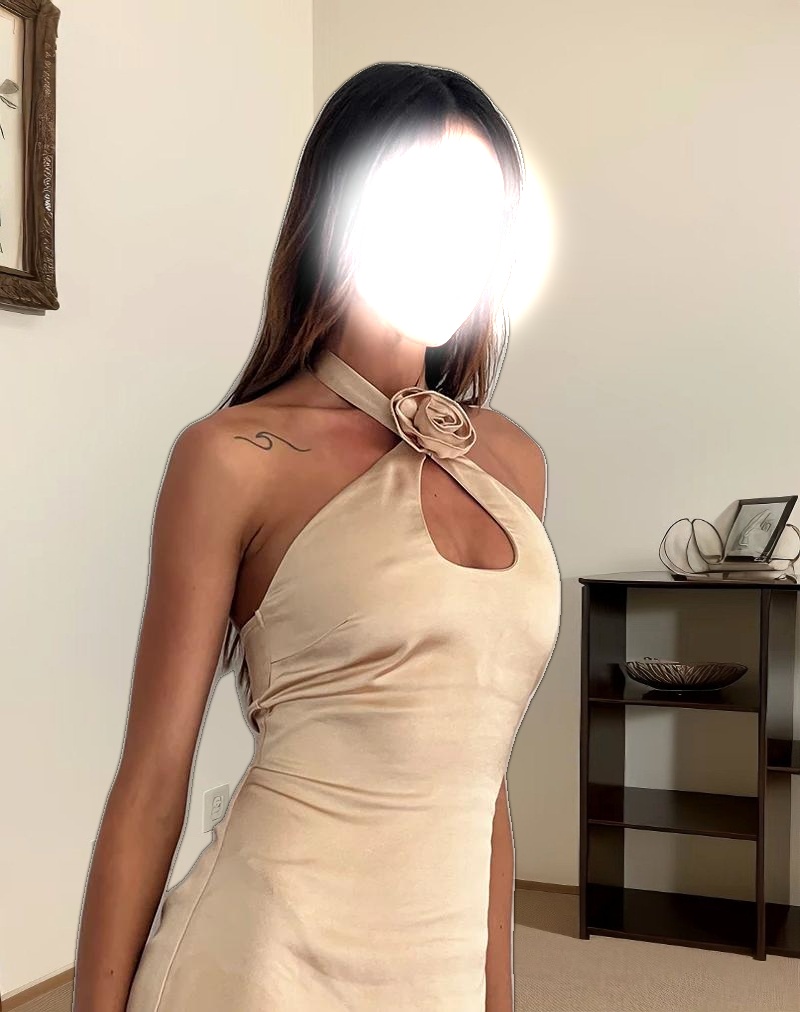 Isolda Satin Halterneck Mini Dress in Champagne with Rosette