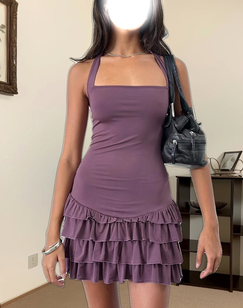 Laine Halterneck Mini Dress in Slinky Mulberry