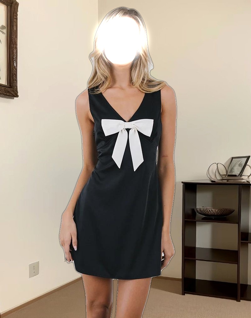 Faradiba Mini Dress in Satin Black with Ivory Bow
