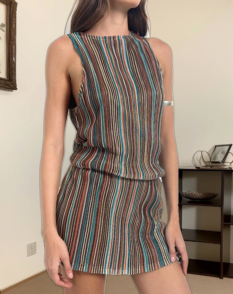 Jhani Mini Dress in Shimmer Plisse Blue and Brown