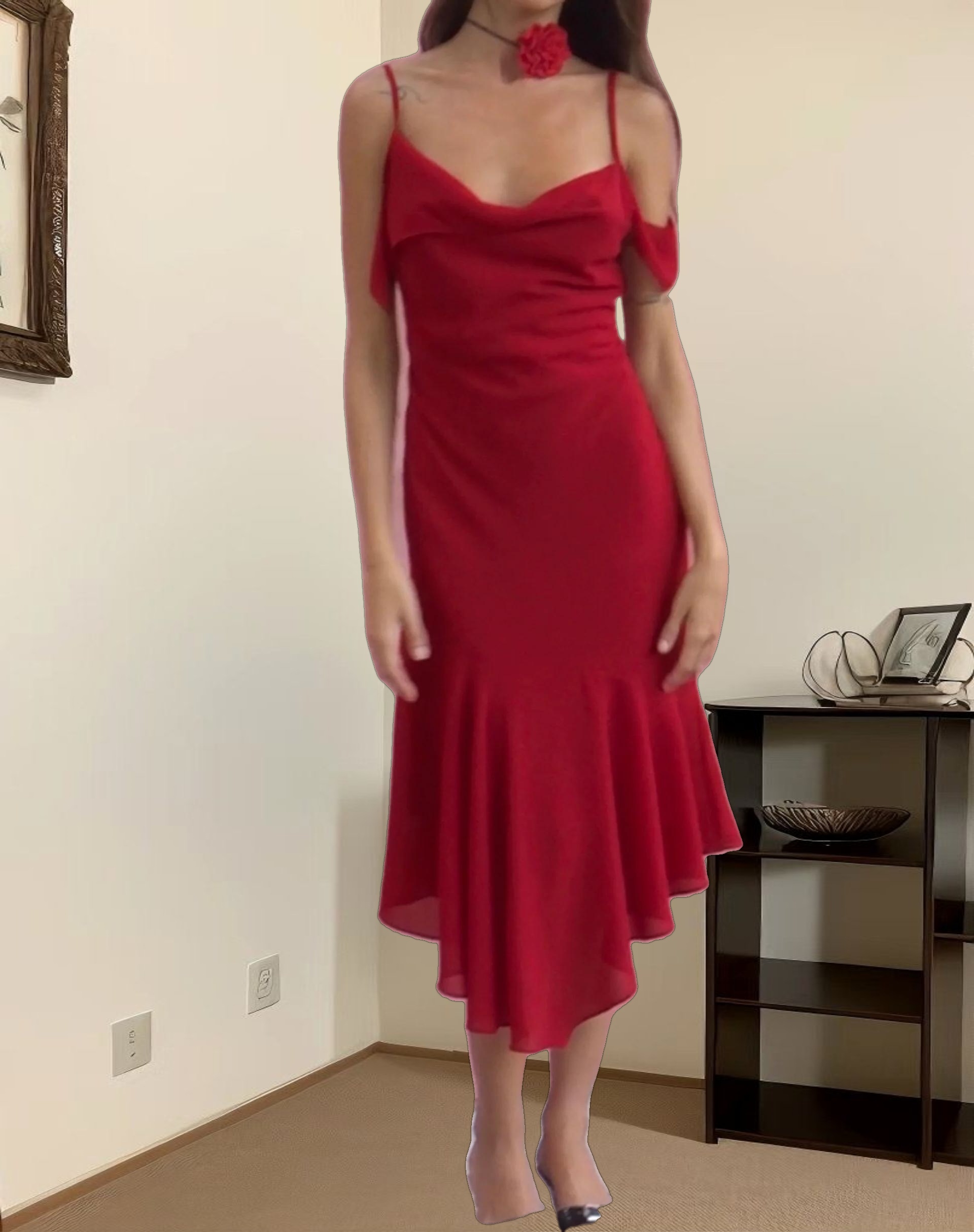Dansya Midi Chiffon Dress in Red