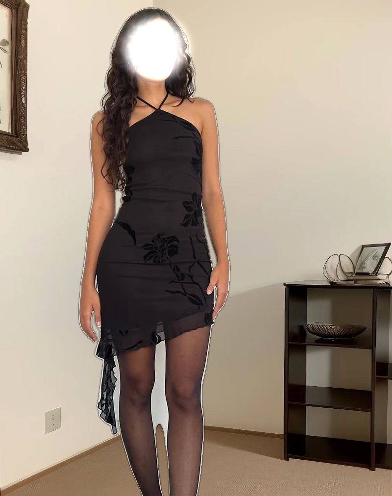 Redi Mini Halterneck Dress in Orchids Flock Black