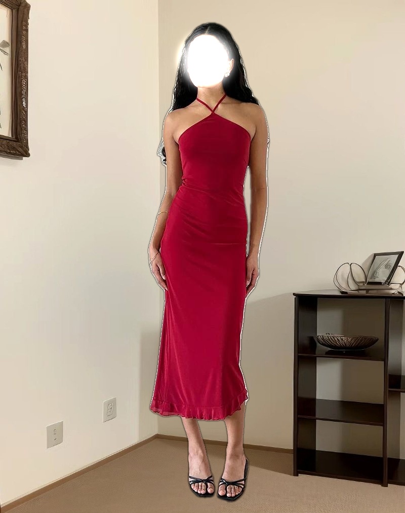 Ribka Halterneck Midi Dress in Mesh Cherry