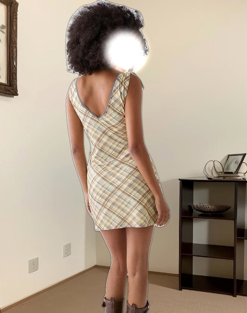 Carmila Gathered Mini Dress in Check Yellow