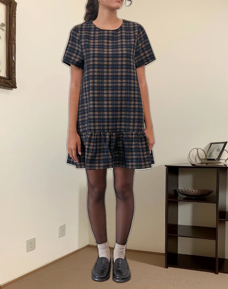 Asterin Mini Smock Dress in Navy Mustard Check