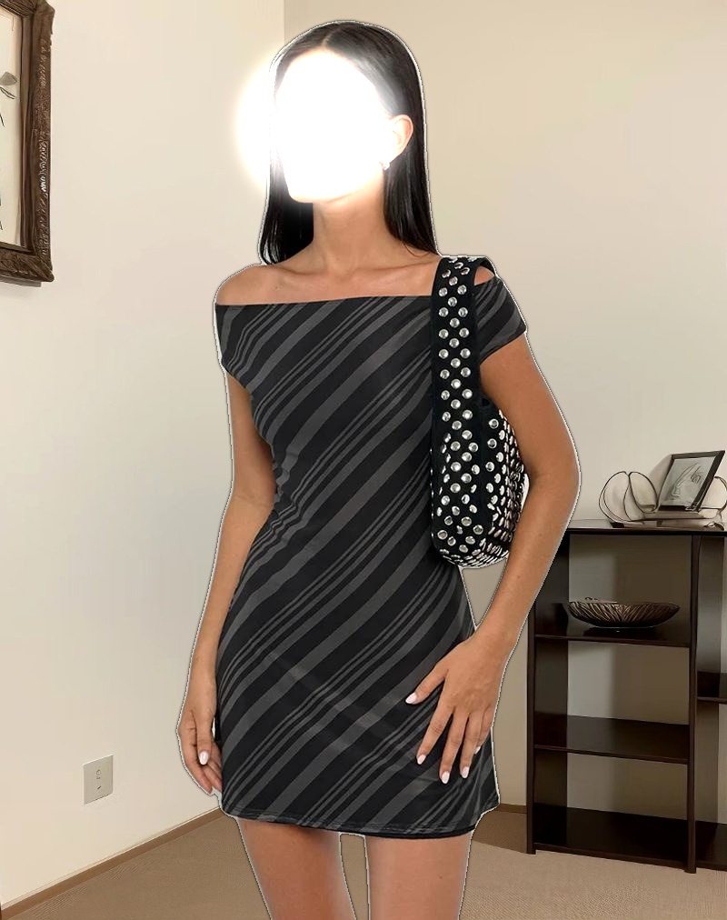 Hari Mini Dress in Irregular Stripe Grey Black