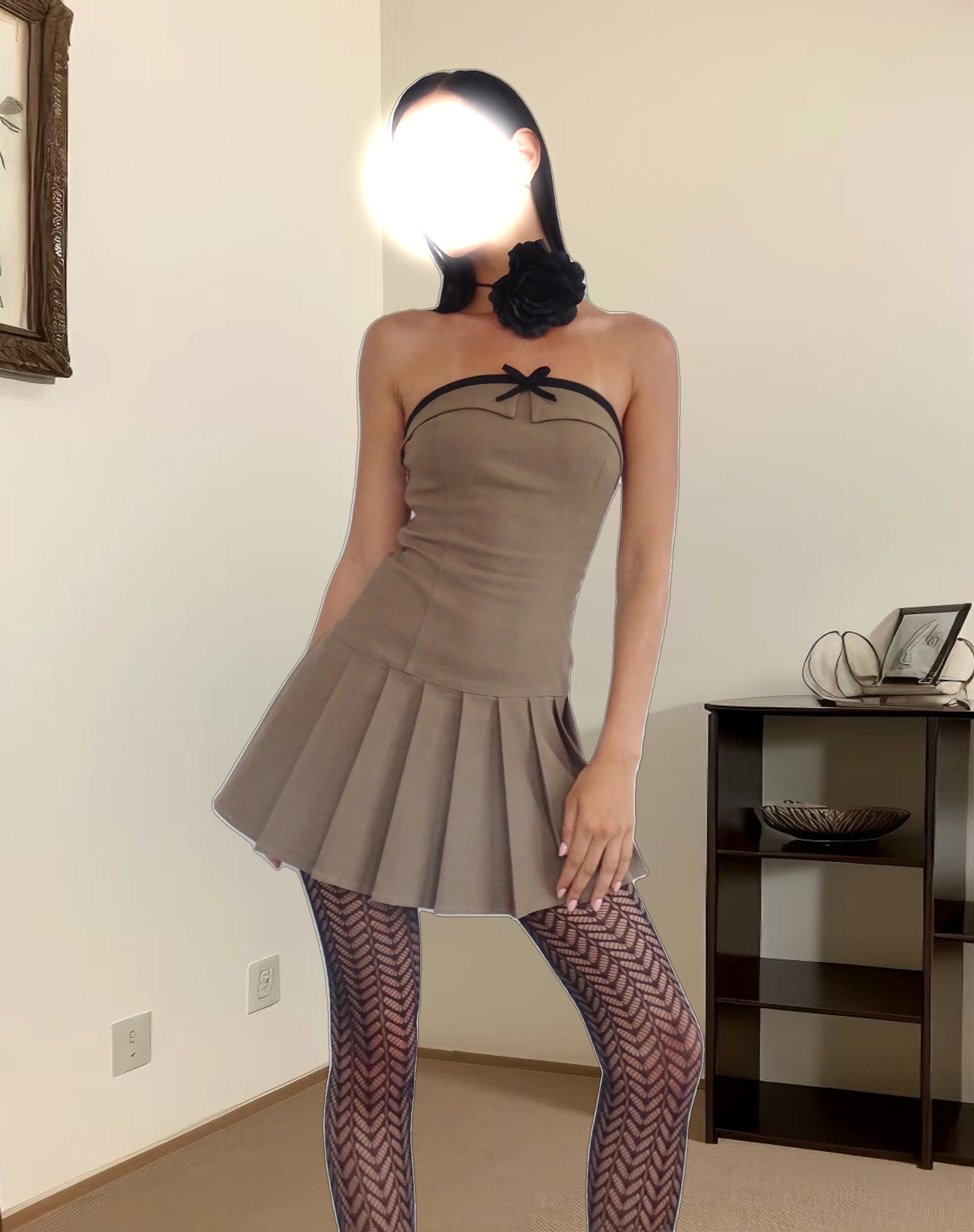 Yalua Bandeau Mini Dress in Coco with Black Bow