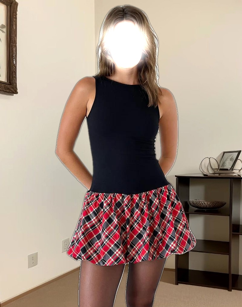 Ortega Mini Dress in Black with Diagonal Check Red