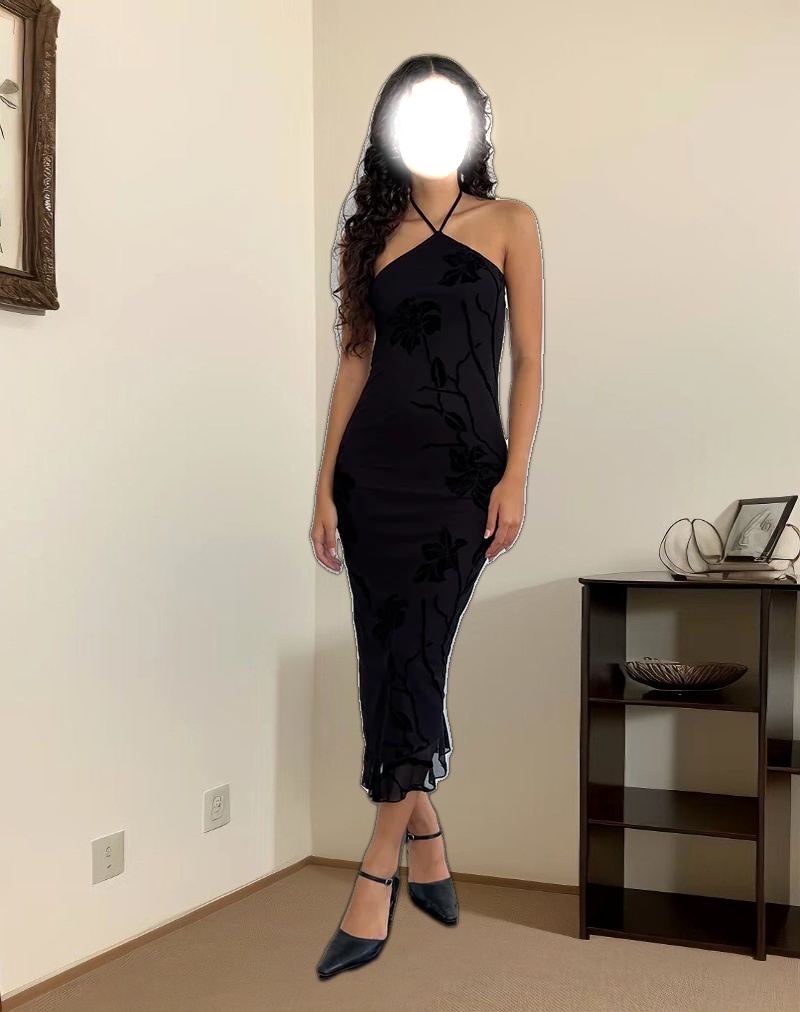 Ribka Halterneck Midi Dress in Orchids Flock Black