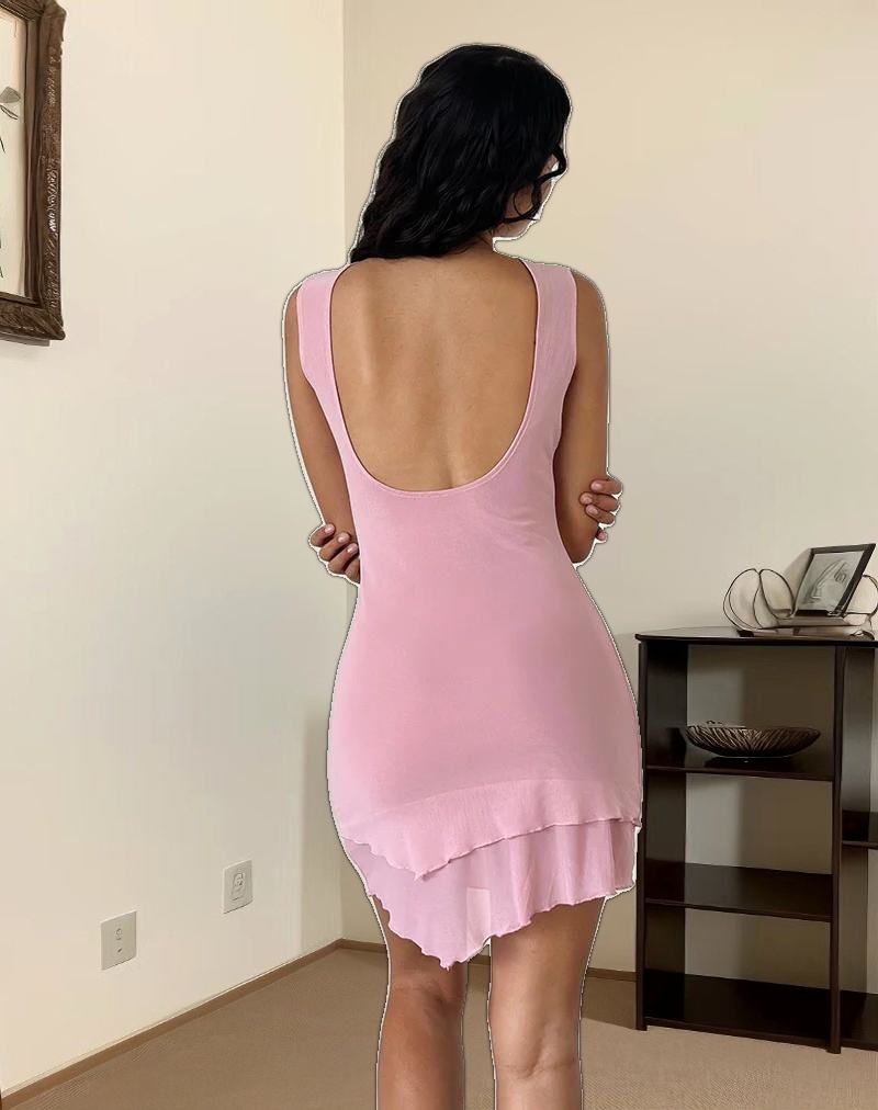 Renata Asymmetrical Mini Dress in Mesh Baby Pink