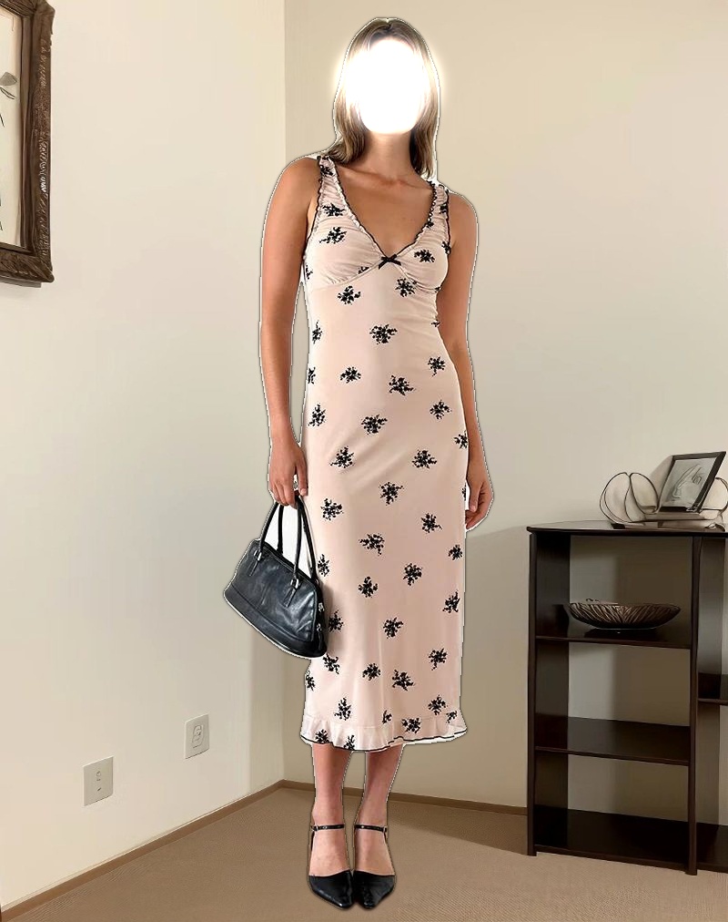 Gandira Midi Dress in Cluster Ditsy Floral Flock Nude