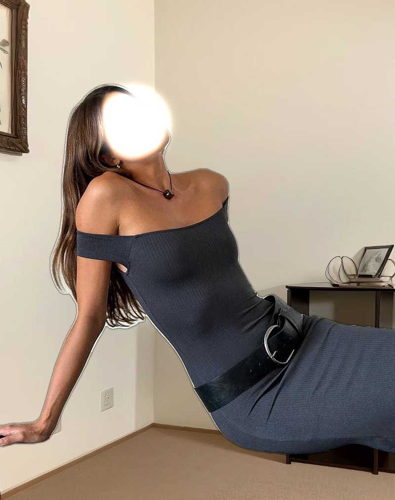 Racha Thick Rib Bardot Maxi Dress in Black Forest