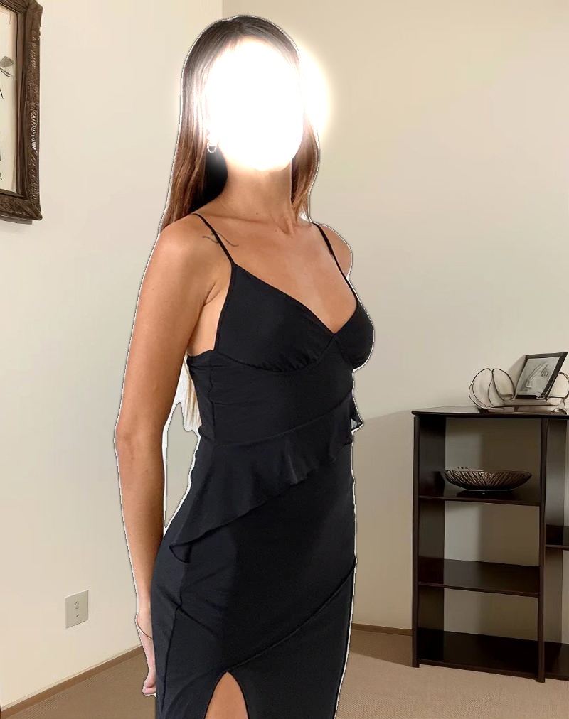 Jacy Ruffle Midi Dress in Mesh Black