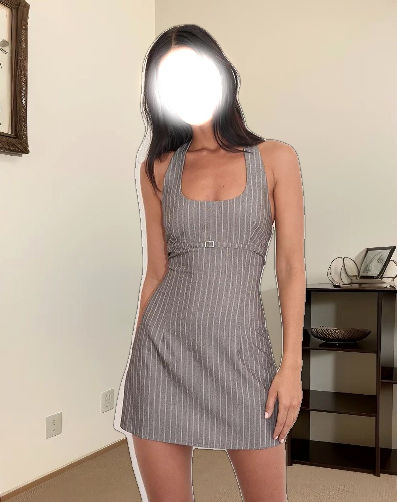 Vellura Halterneck Mini Dress in Taupe Pinstripe