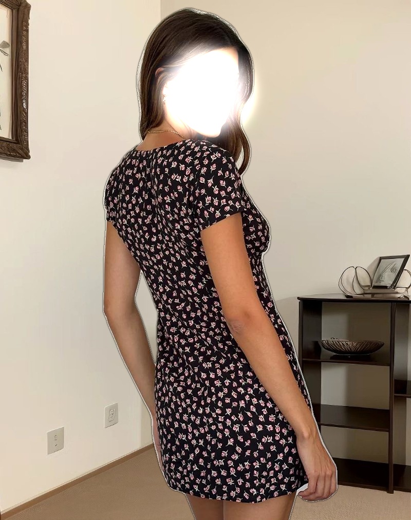 Omoni Mini Dress in Red Rose Ditsy Black