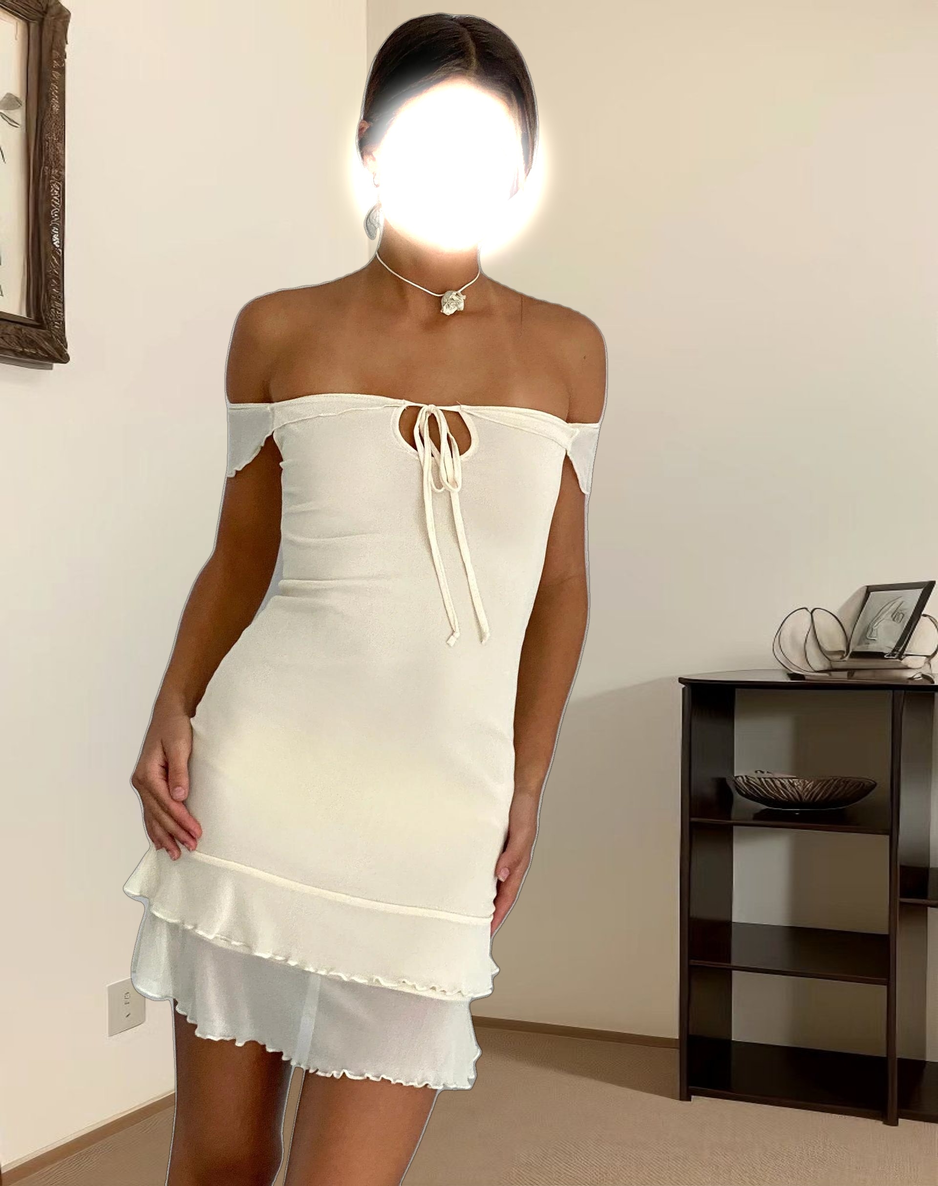 Valory Bardot Mini Dress in Ivory Mesh