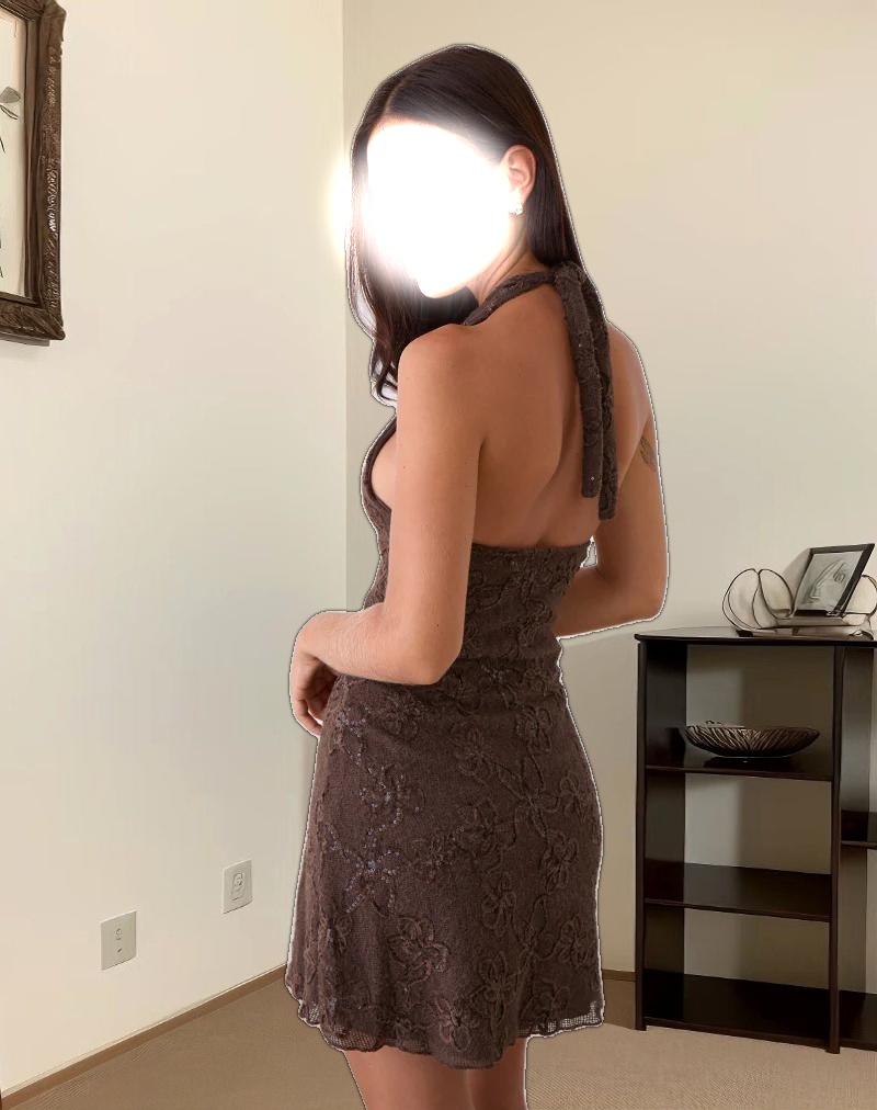 Codami Halterneck Mini Dress in Sequin Knit Dark Brown