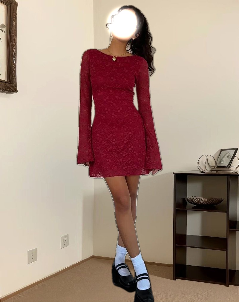 Sevila Long Sleeve Mini Dress in Deep Red Lace