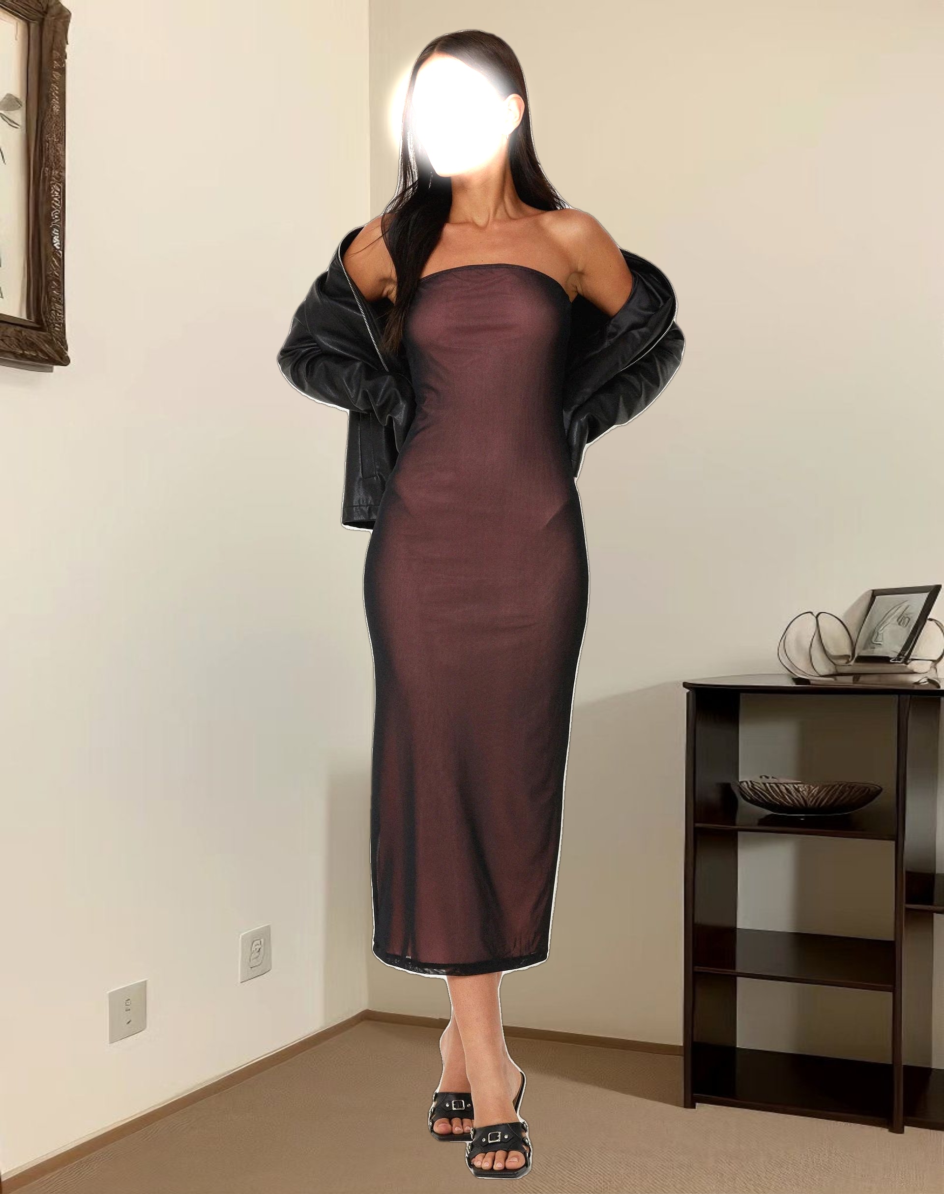 Rosbandi Bandeau Midi Dress in Black Pink Lining