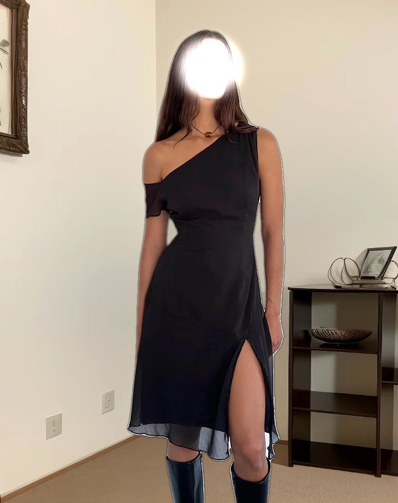 Carissa One Shoulder Chiffon Midi Dress in Black