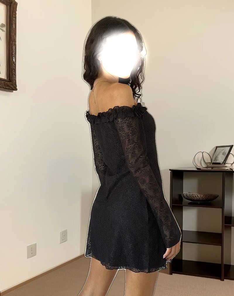 Severine Bardot Mini Dress Lace Black