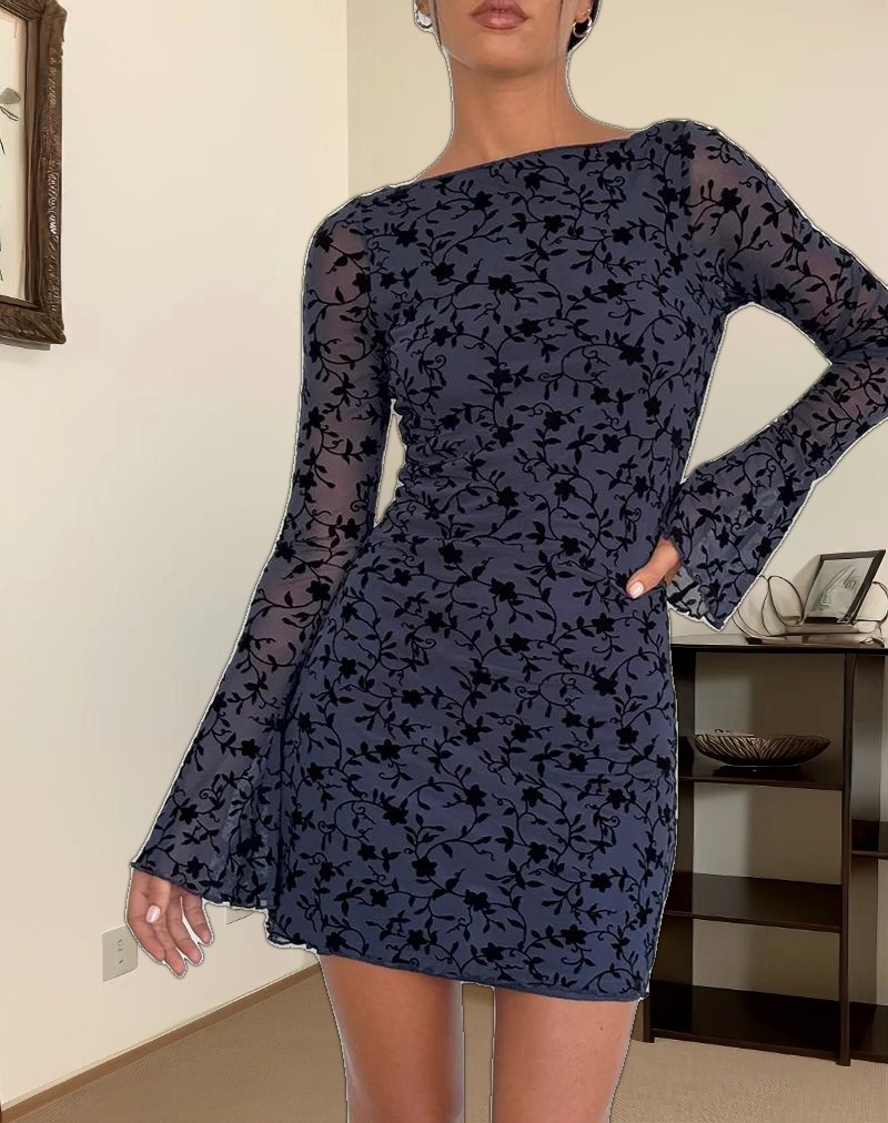 Sevila Long Sleeve Mini Dress in Flocked Petal Navy