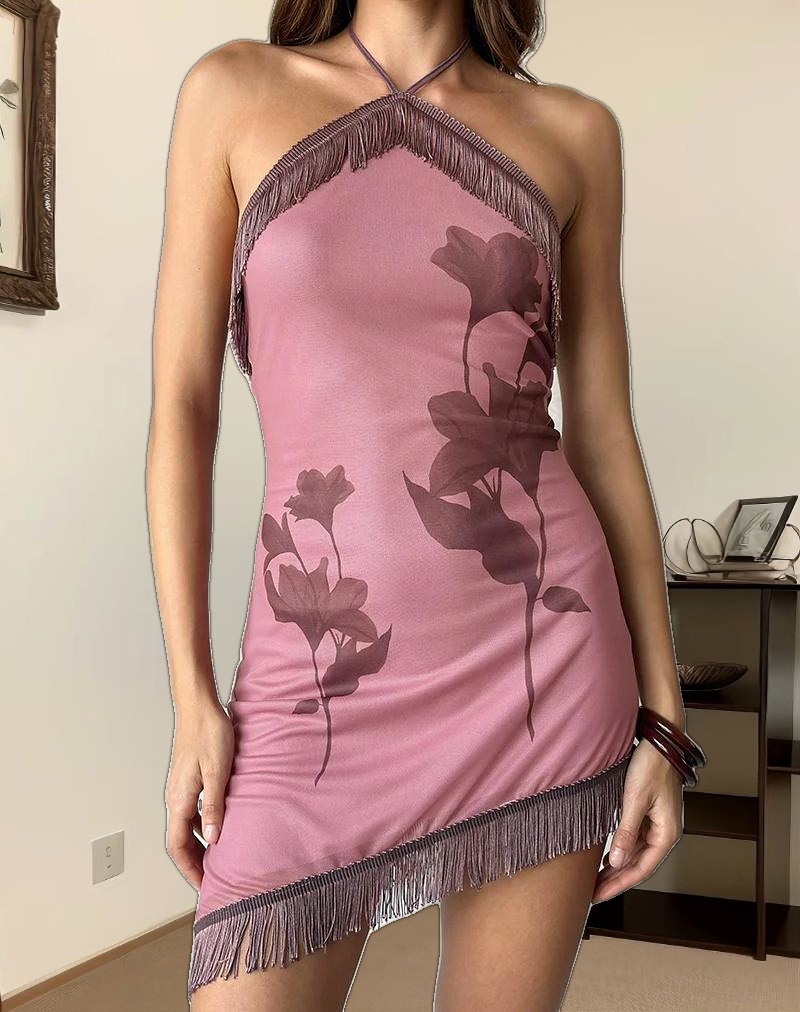 Clooney Fringe Mini Dress in Tonal Flower Mauve