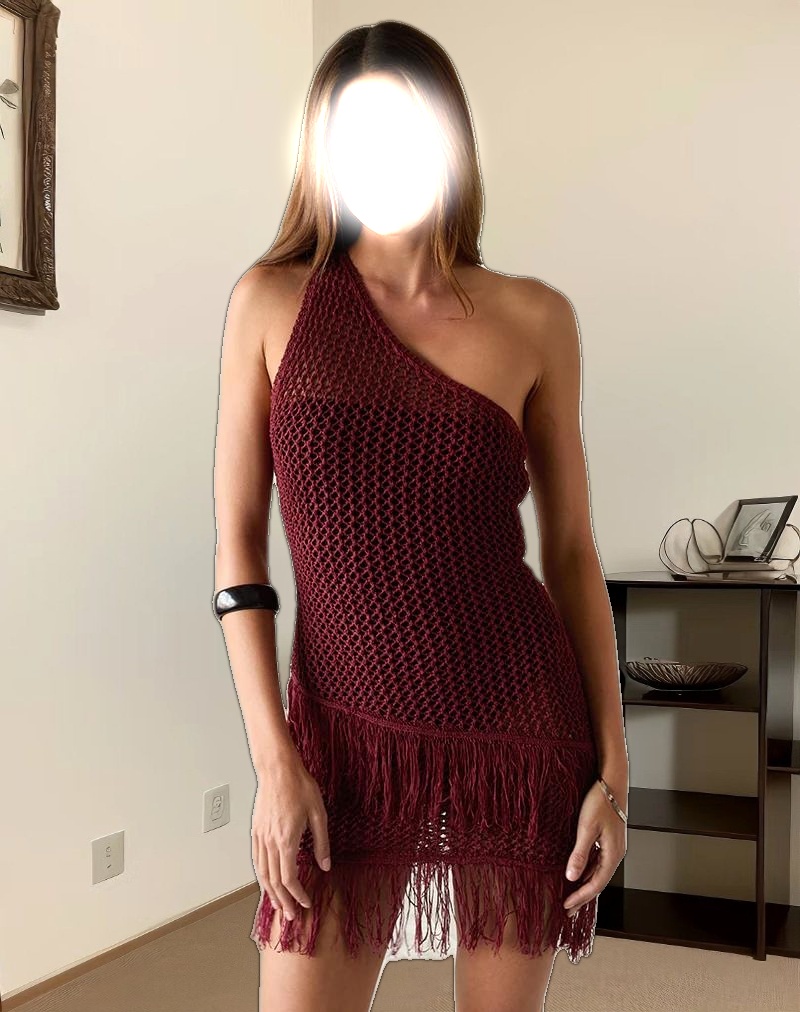 Meloka Asymmetric Fringe Mini Dress in Berry